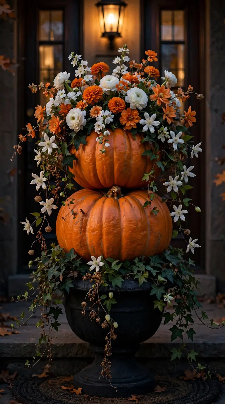 Tall pumpkin topiary with white and orange flowers in a black urn