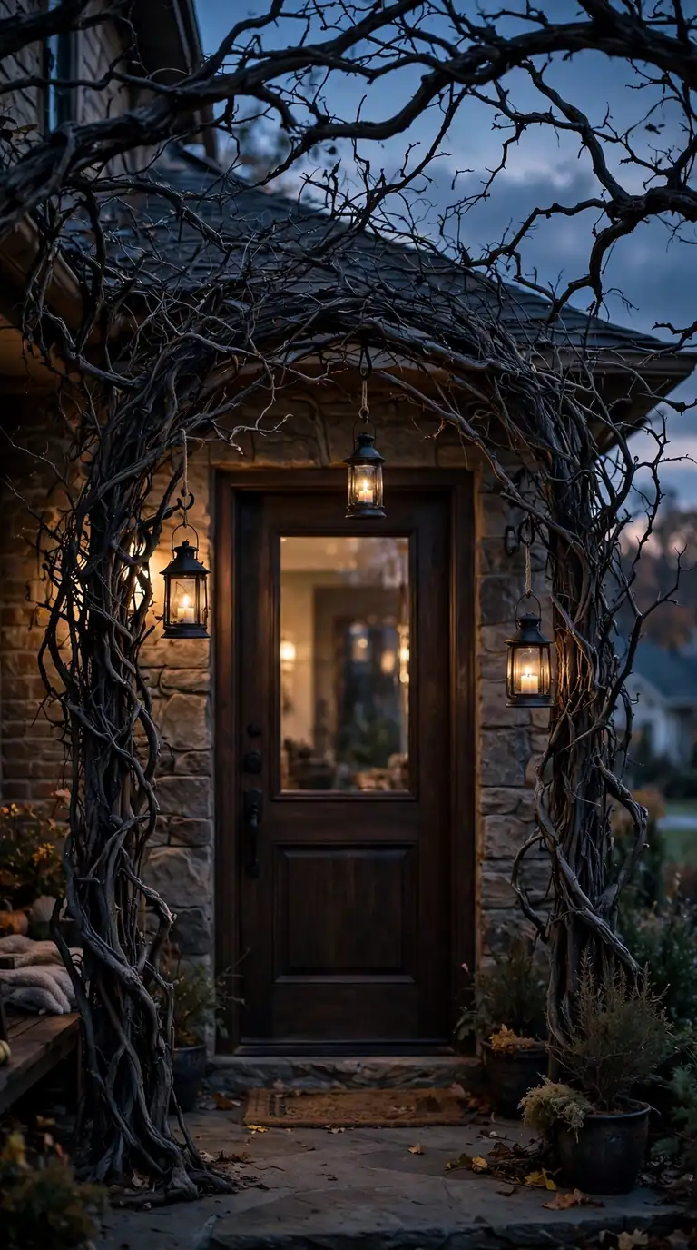 Twisted branch arch over a front door with hanging lanterns at dusk