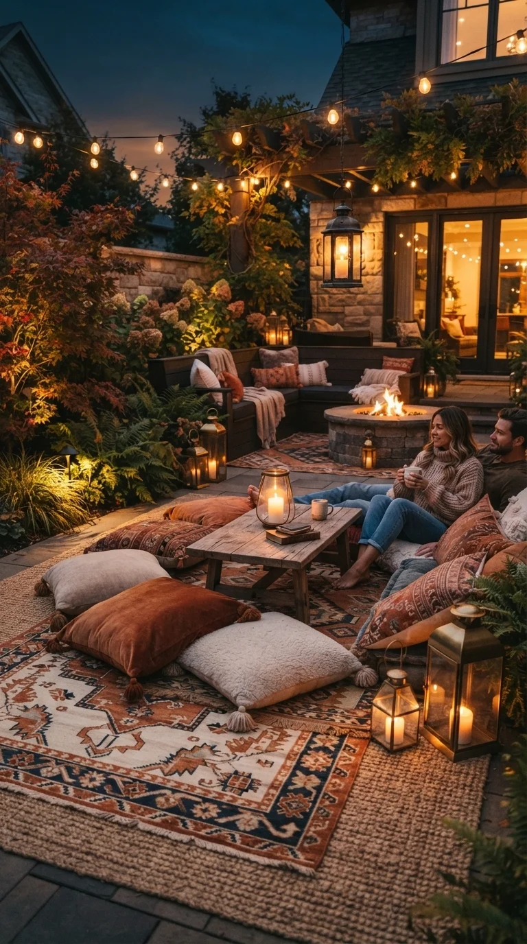 9 Fall Backyard Party Ideas 2026 for Cozy Gatherings 5. Layered Rugs and Soft Textiles