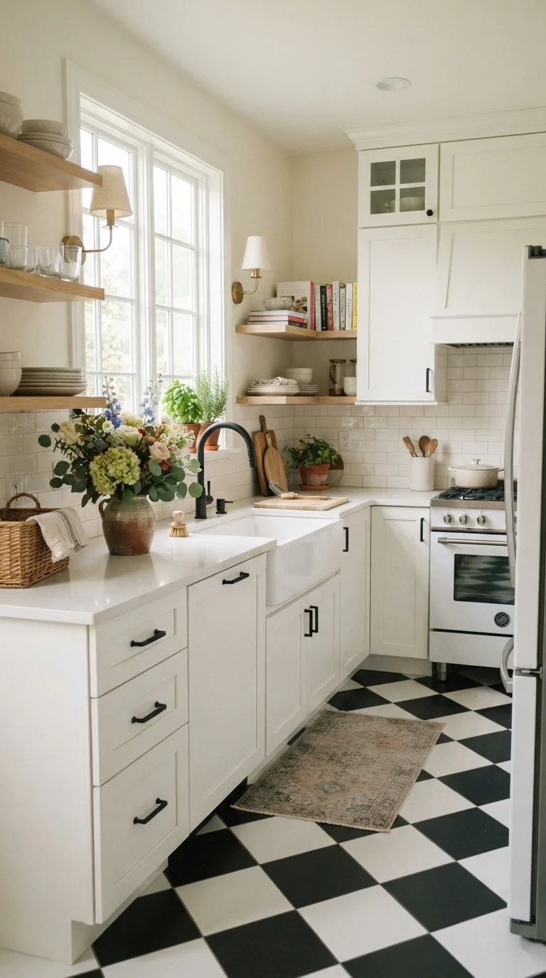 5. Vintage Black and White Checkerboard Flooring