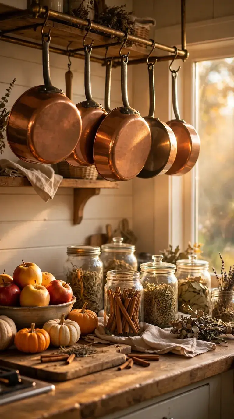 20 Fall Home Decor Ideas for a Warm Autumn Home 2026 Kitchen with hanging copper pots and fall pumpkin accents