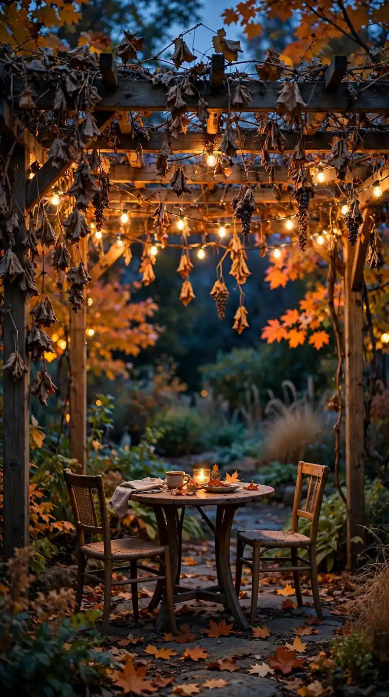 Wooden pergola draped with dried vines and glowing string lights at twilight