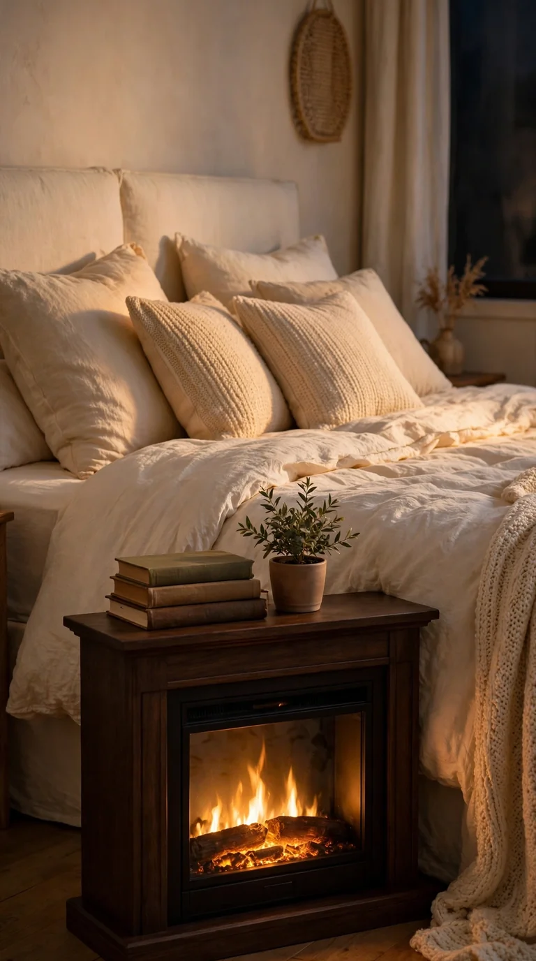 Small electric fireplace glowing at the foot of a cozy bed