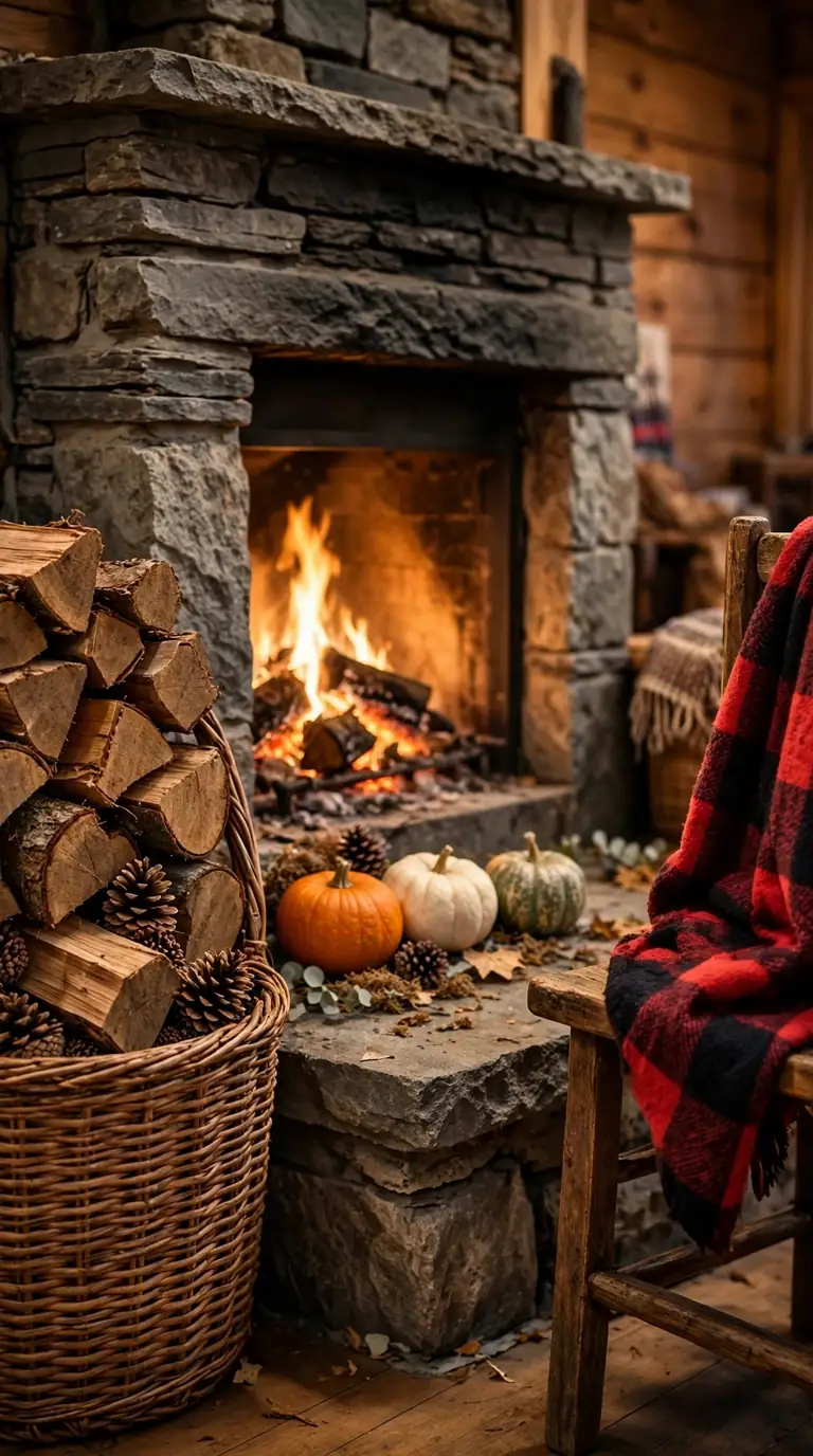 Woven basket of stacked firewood beside a fireplace hearth