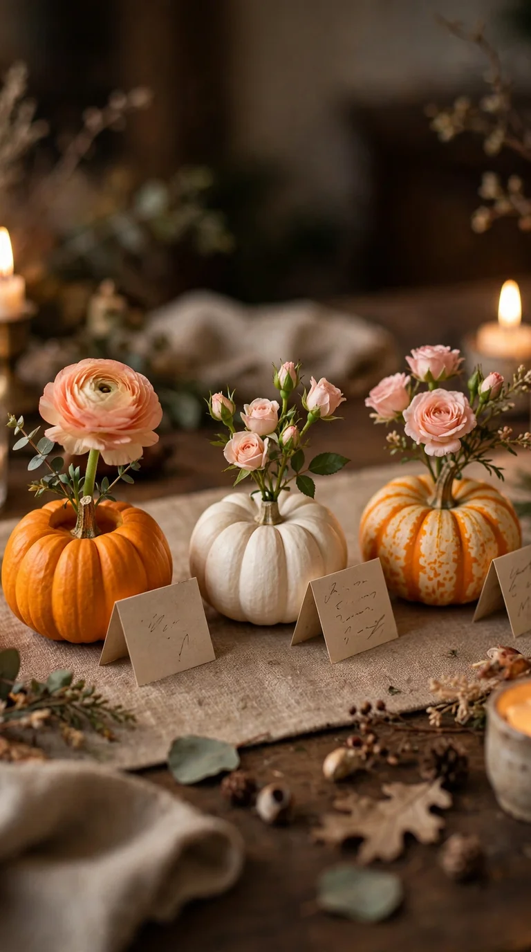 Mini pumpkin vases with single roses as Thanksgiving place settings