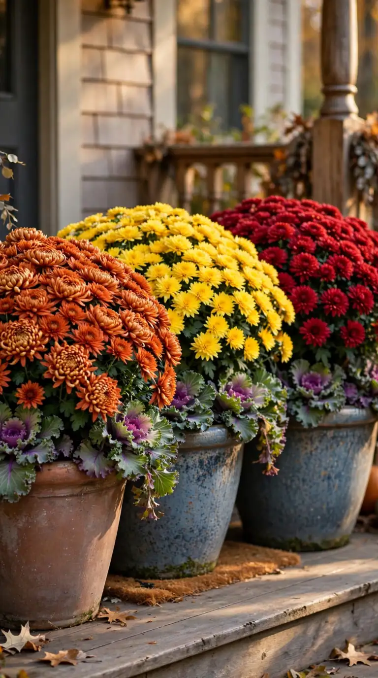 Colorful chrysanthemum planters arranged in odd numbers on a fall porch