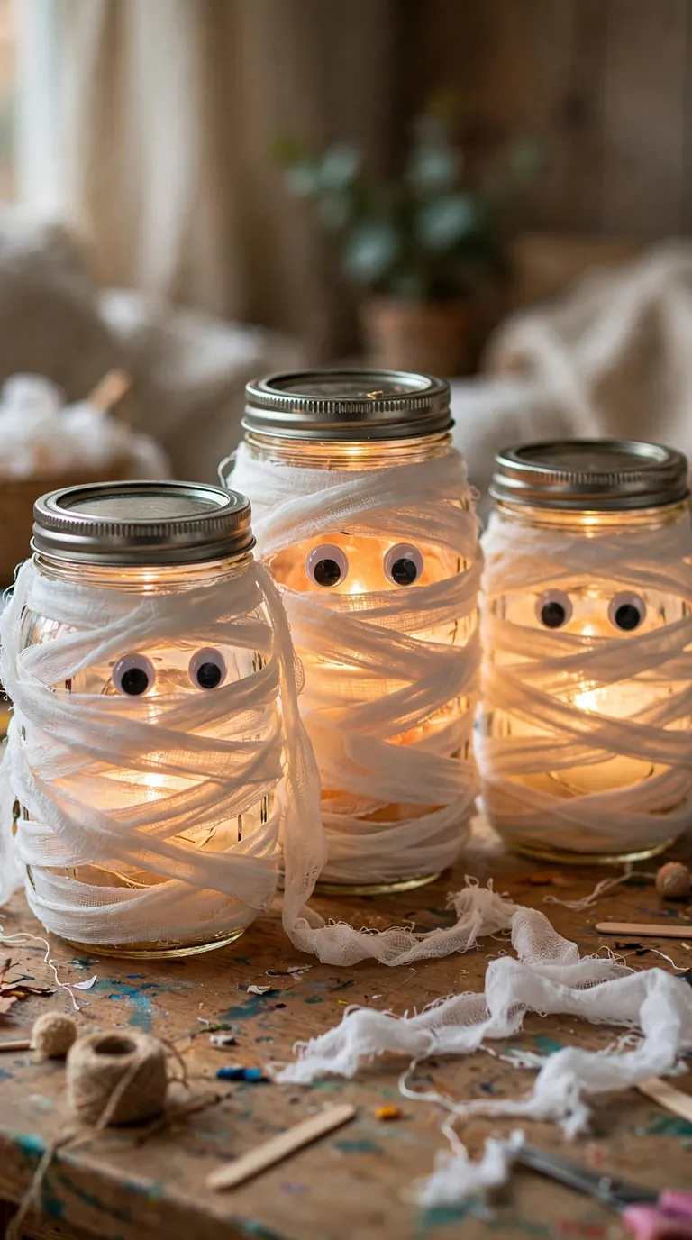 DIY mummy jar lanterns with gauze and googly eyes for Halloween
