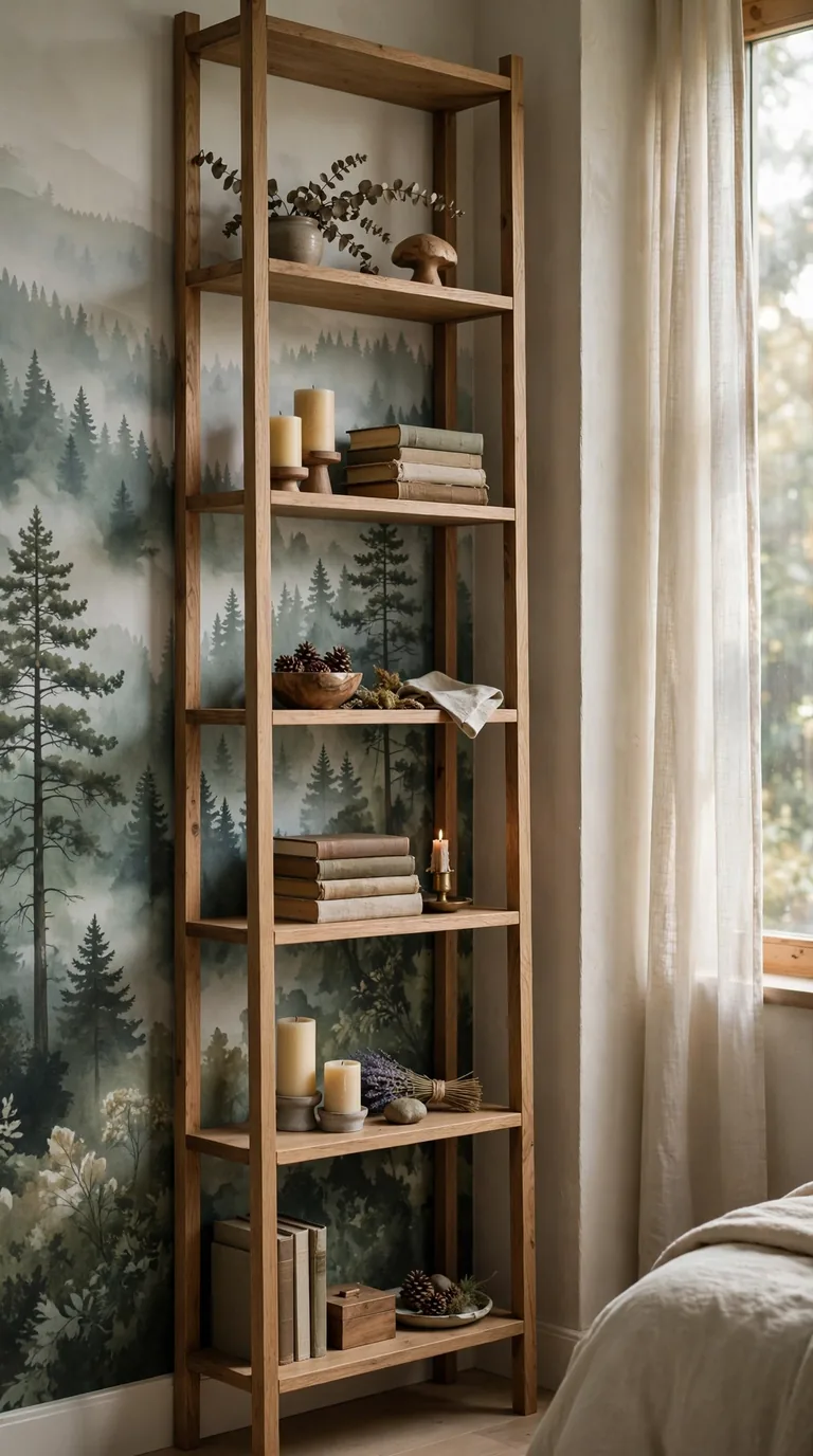 Misty forest mural shelf wallpaper on a tall bedroom shelving unit styled with candles and wooden decor
