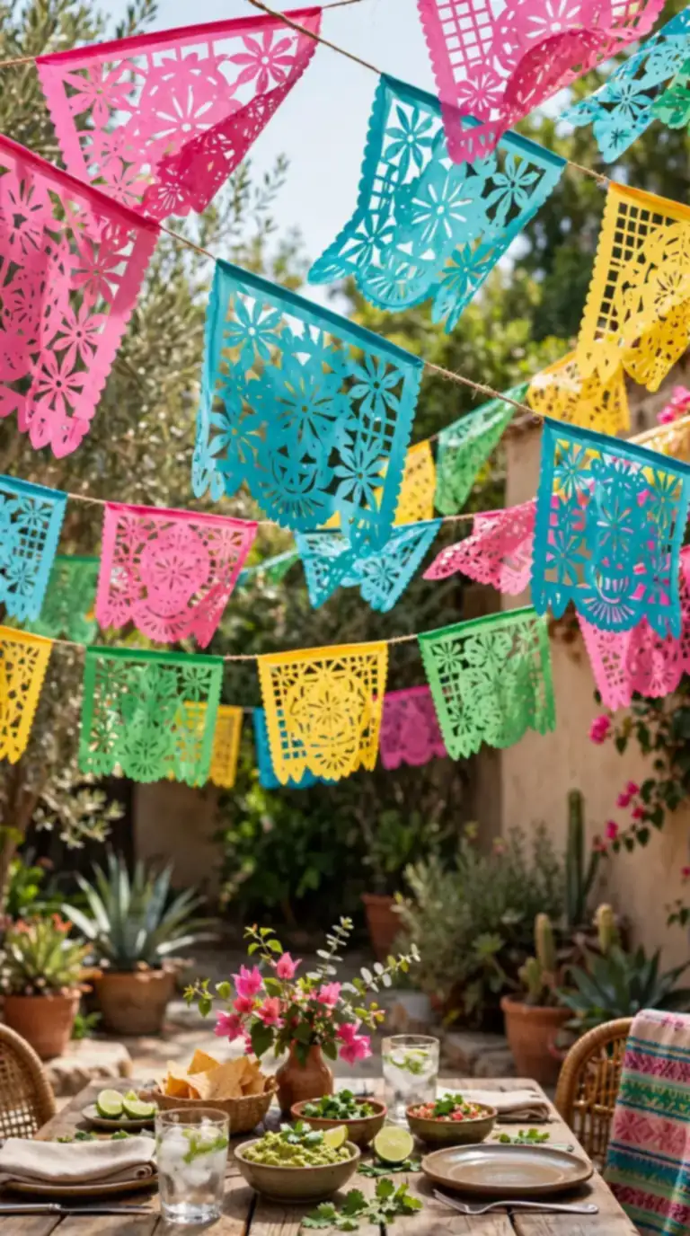 Colorful papel picado banners strung overhead above a Mexican backyard dining table