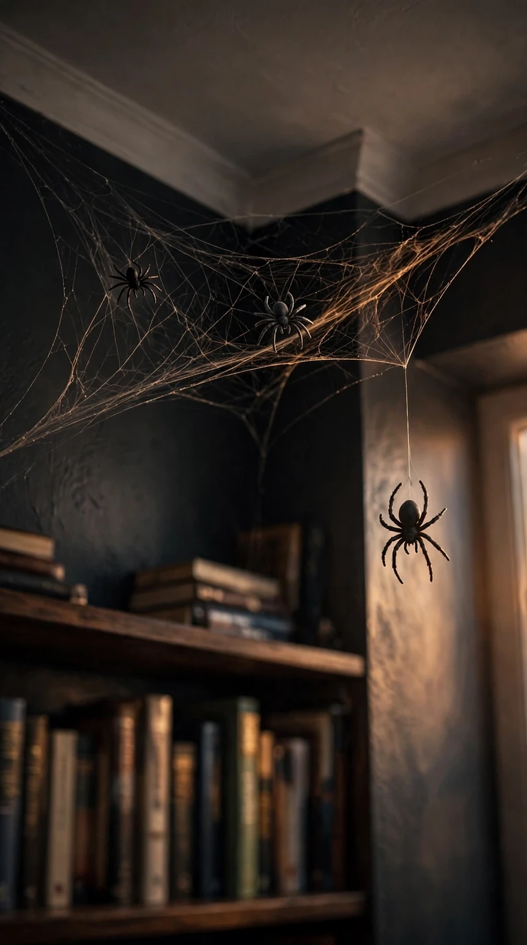 Faux spiderweb stretched across a living room ceiling corner with a spider