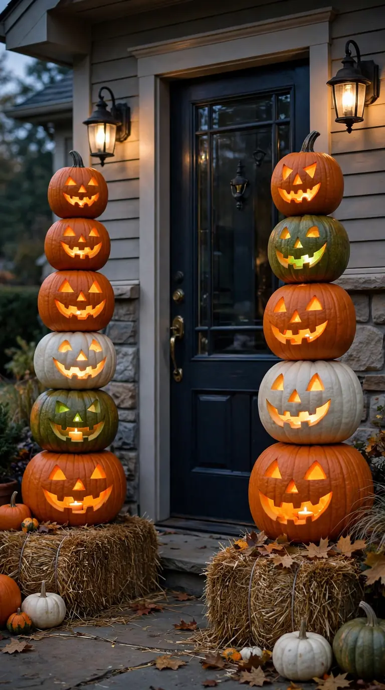Two tall stacks of carved and painted pumpkins flanking a front door at dusk