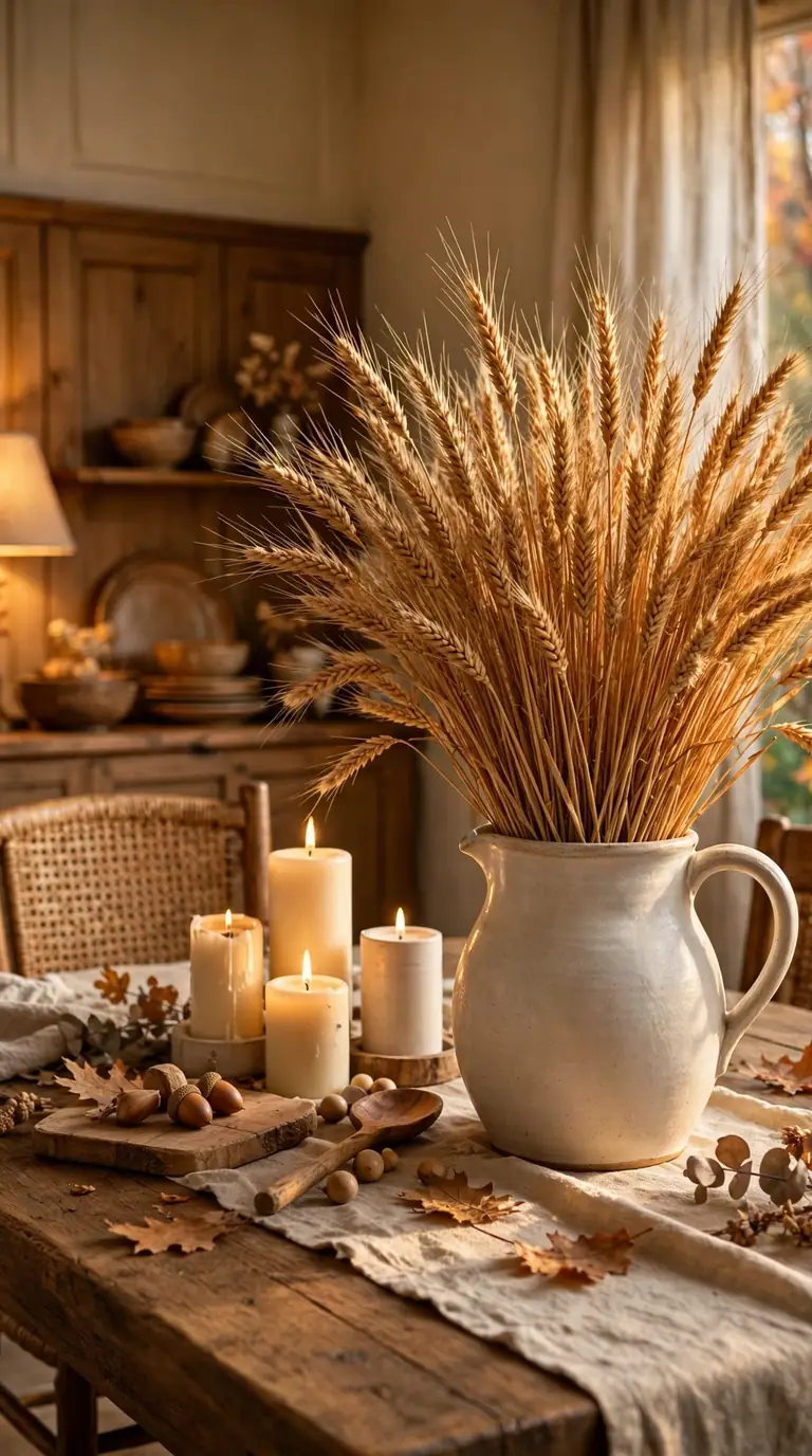 Tall wheat sheaf arrangement in a ceramic vase as a fall table centrepiece