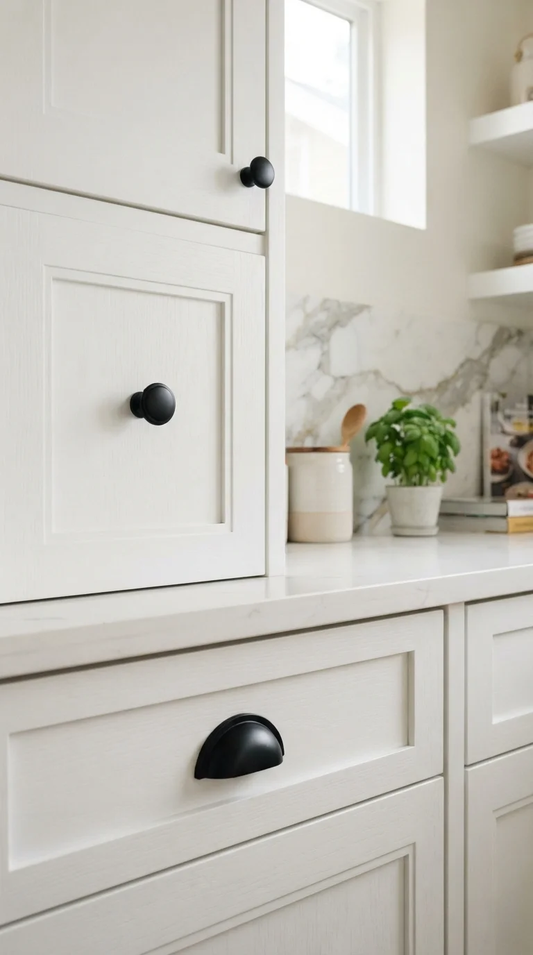 6. Sleek Black Hardware on White Shaker Cabinets