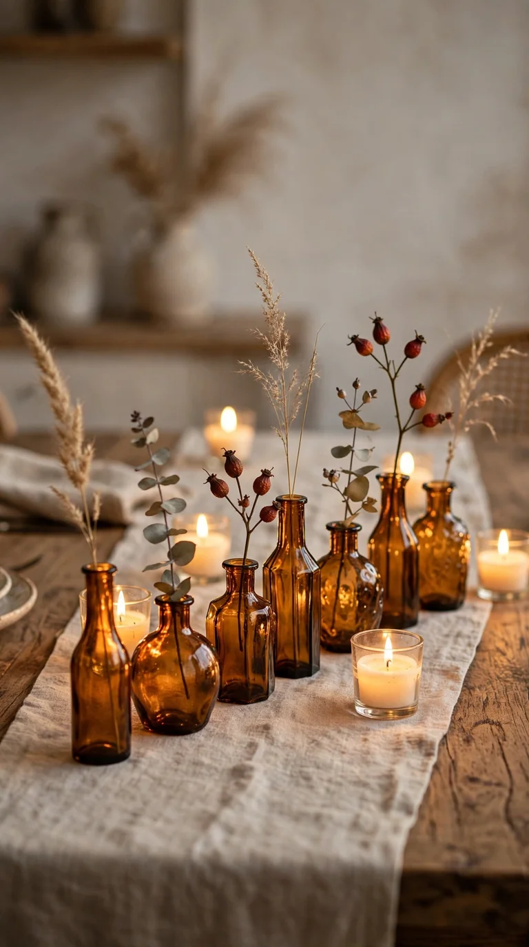 Row of amber glass bud vases with dried stems and eucalyptus along a fall table