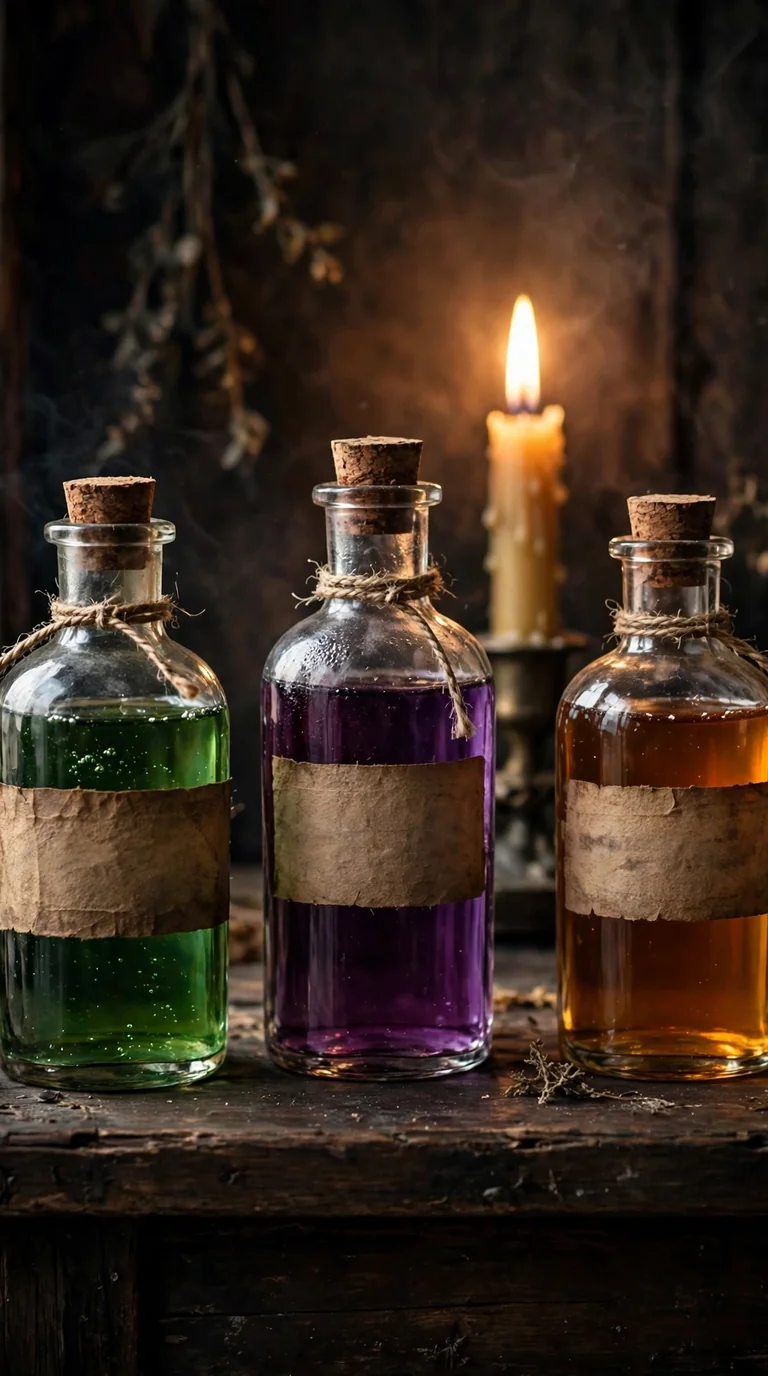 Apothecary potion bottles with colored liquids on a Halloween shelf