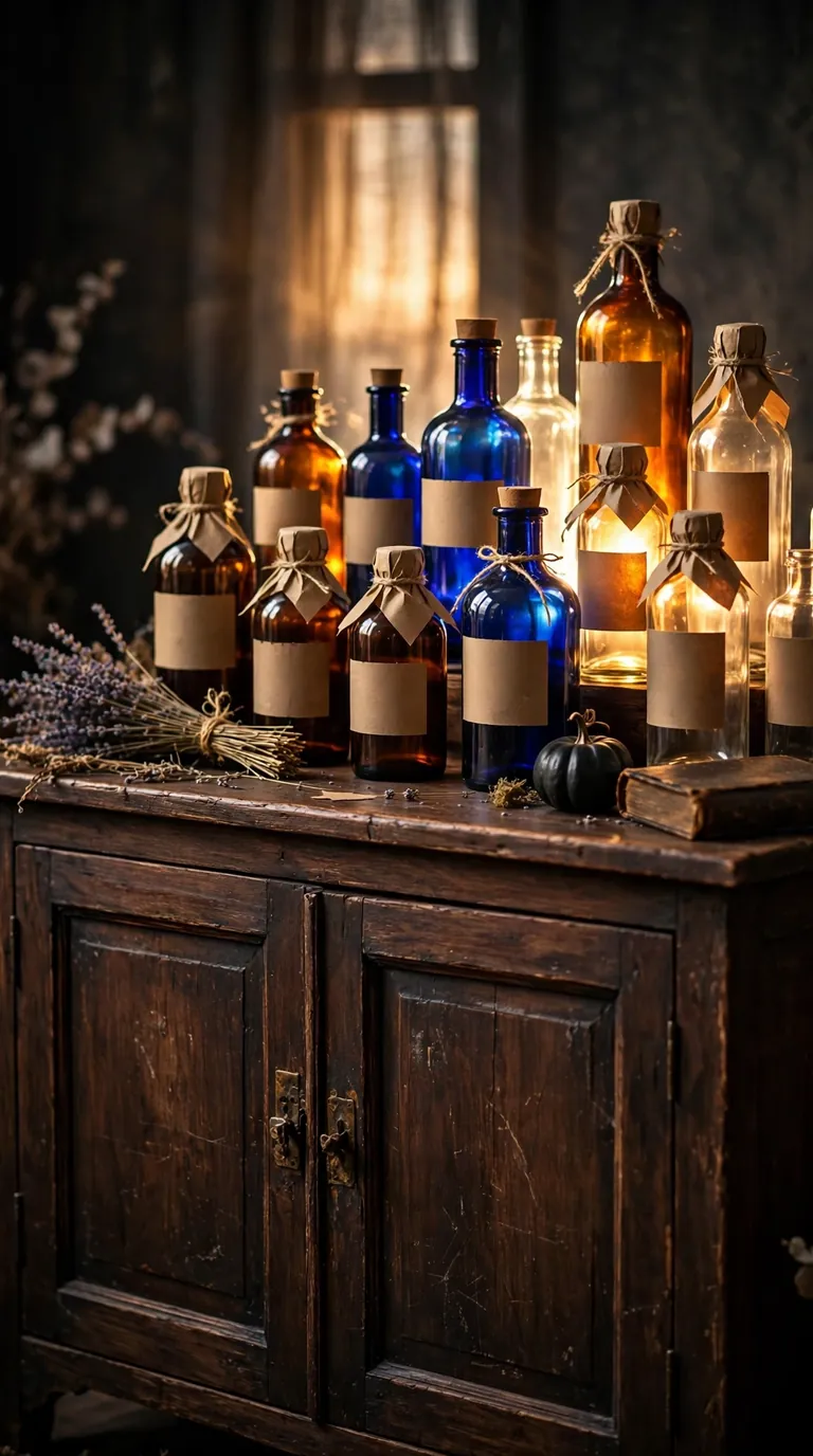 Apothecary bottles with potion labels displayed on a living room sideboard