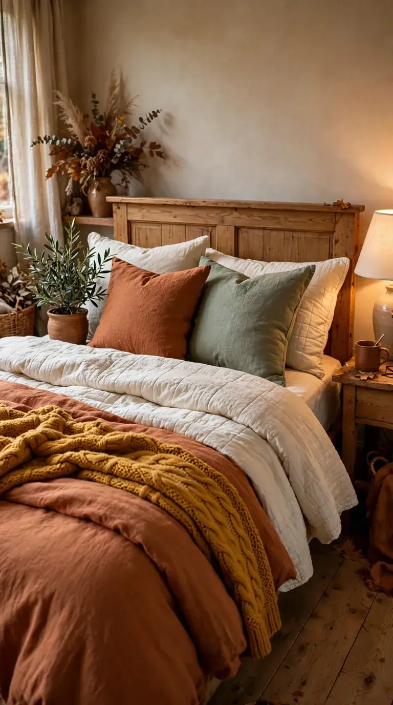 20 Fall Home Decor Ideas for a Warm Autumn Home 2026 Bedroom with layered autumn bedding in terracotta and cream