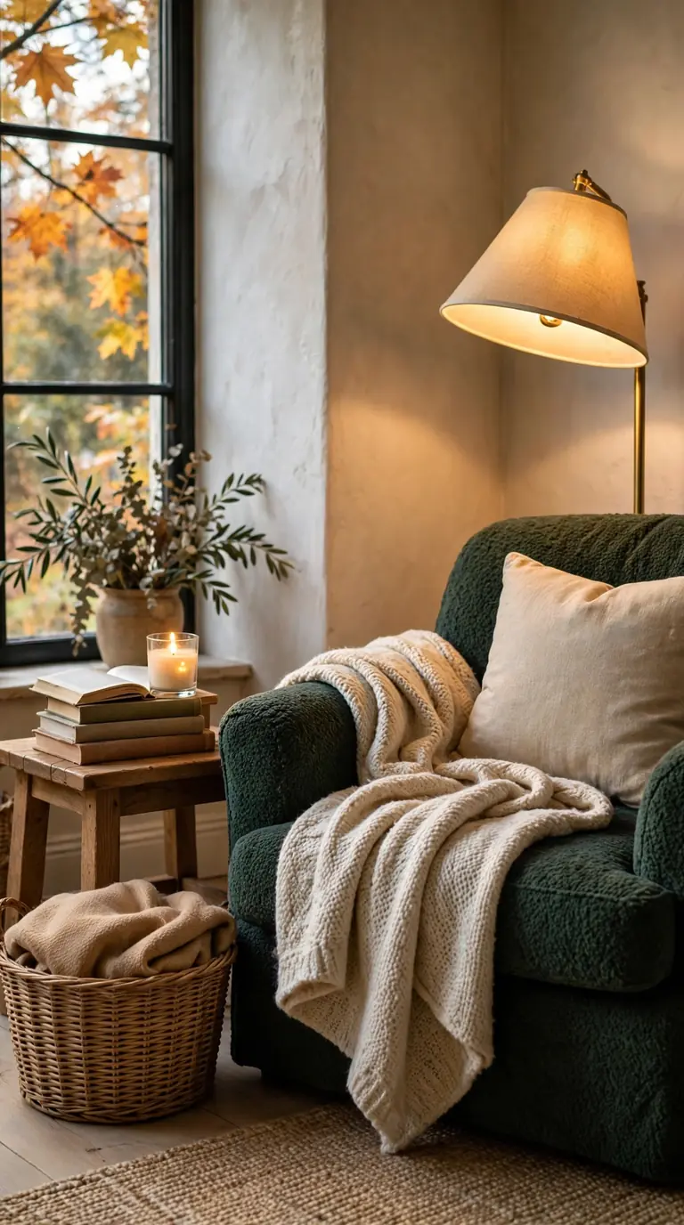 Cosy reading nook with armchair, throw blanket and warm lamp