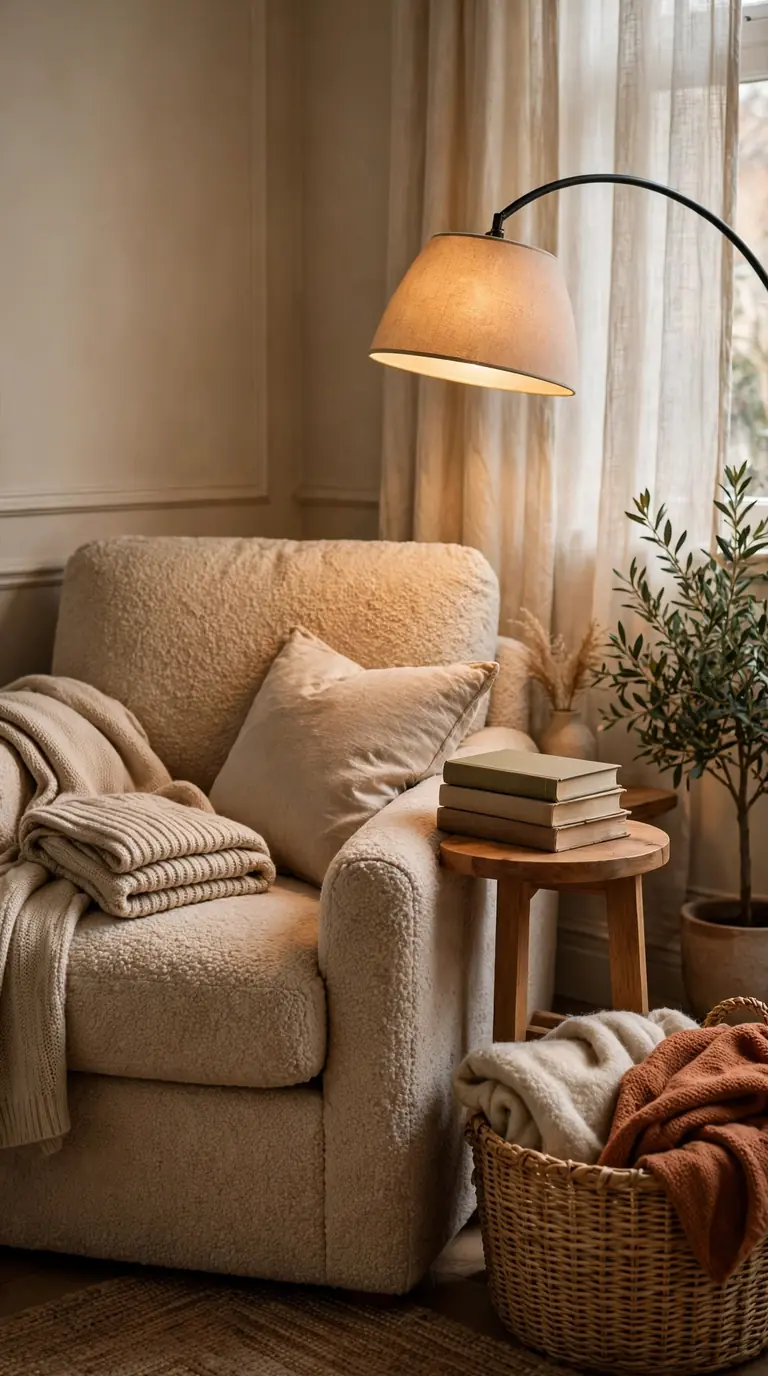 Cozy bedroom reading corner with oversized armchair, floor lamp and books