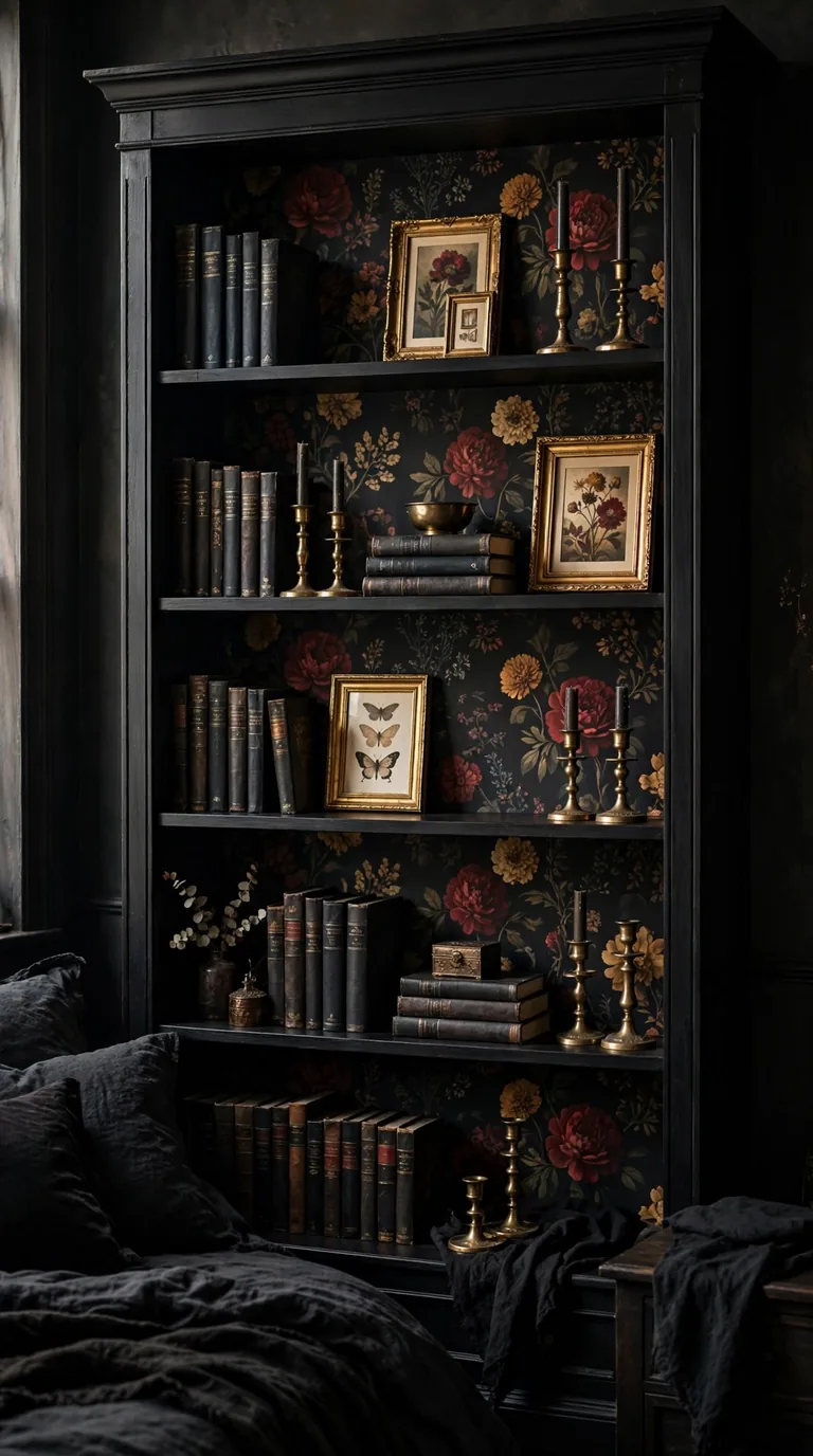 Dark moody floral wallpaper with deep red flowers on black behind a black bedroom bookcase with brass decor