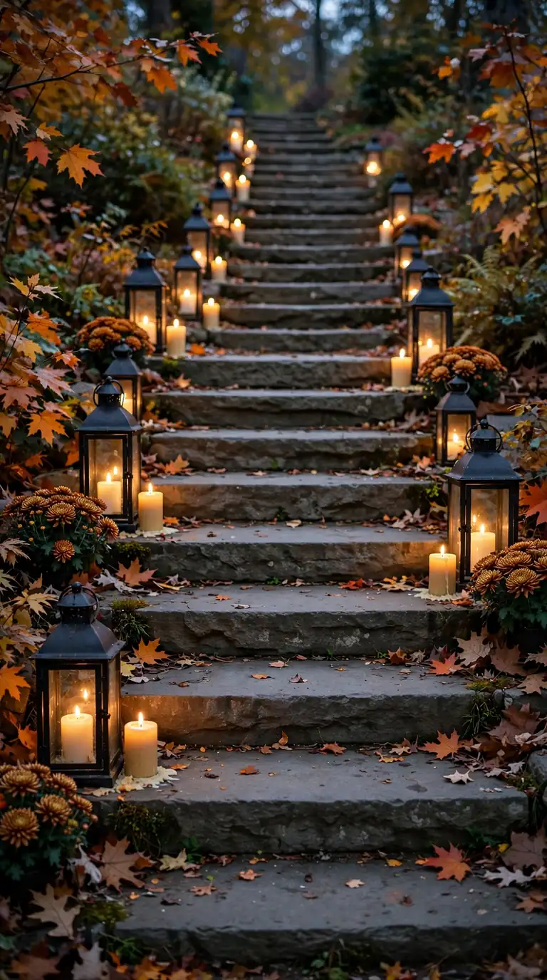 Stone garden steps lined with glowing black lanterns and pillar candles at dusk