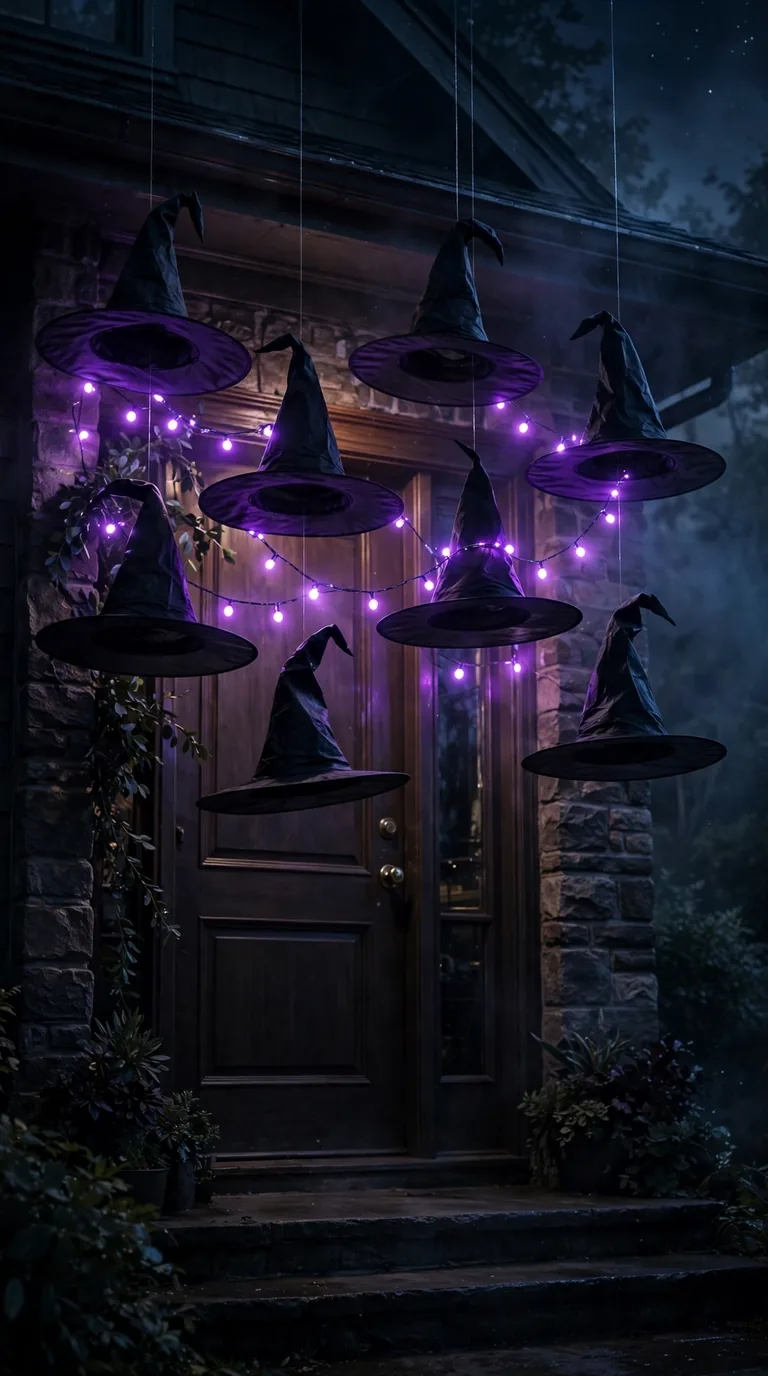 Black witch hats hanging at different heights over a front door with purple lights