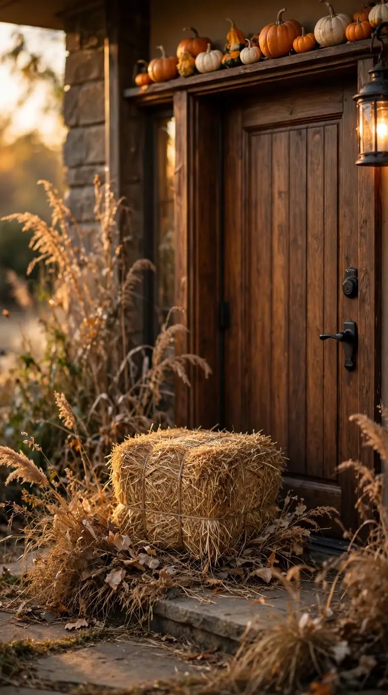 Mini hay bale topped with pumpkins and a lantern on a fall front porch