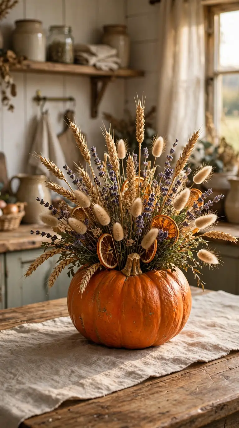 Rustic pumpkin centerpiece with dried wheat, lavender and dried orange slices