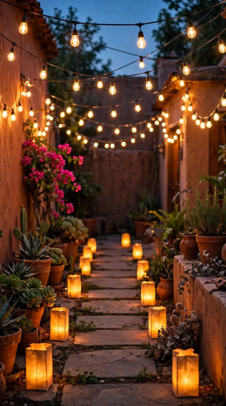Warm string lights and paper bag farolito luminarias glowing in a Mexican backyard at dusk