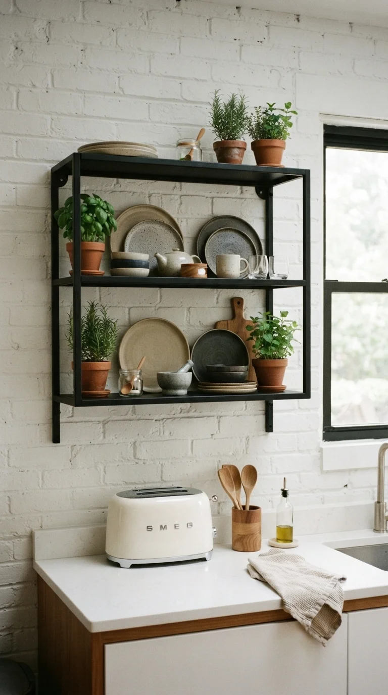 7. Black Open Shelving Against White Walls
