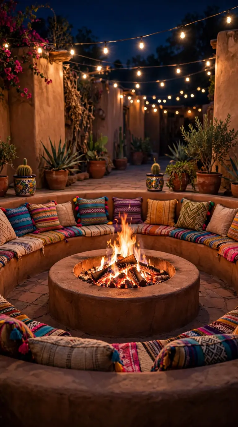 Round adobe fire pit with built-in curved bench seating in a Mexican backyard at night