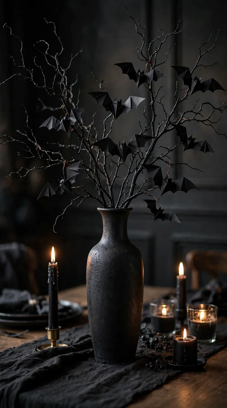 Black bat branch Halloween centerpiece in a vase on a dining table