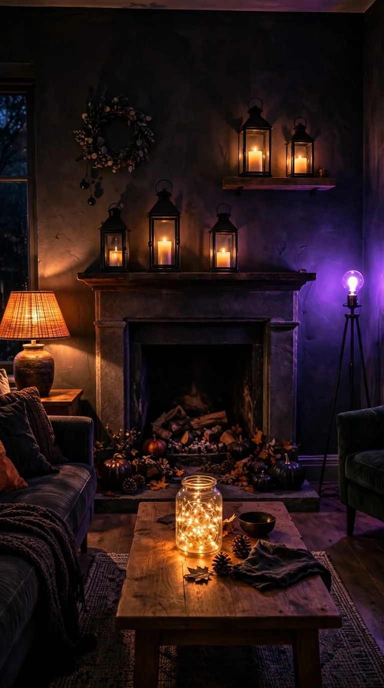 Living room with moody orange and purple Halloween lighting and lanterns