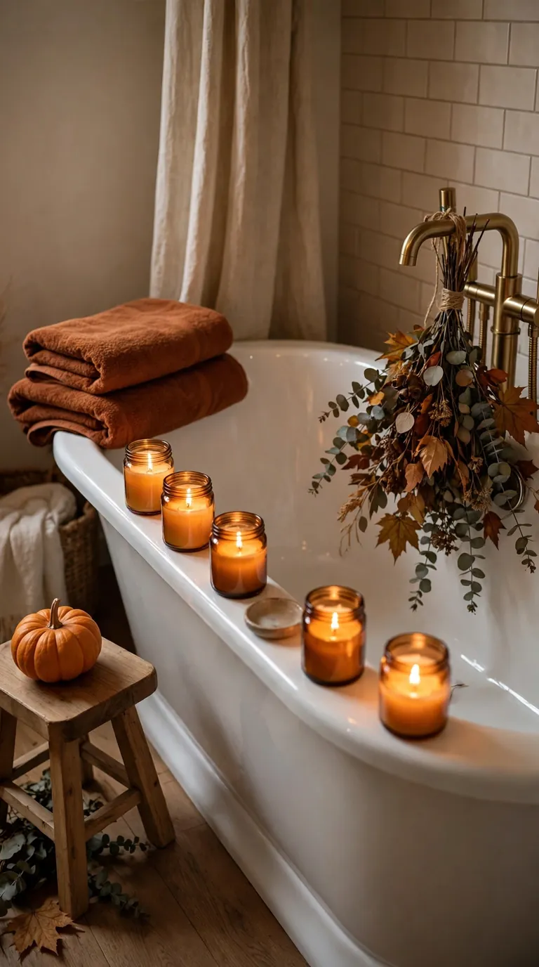 20 Fall Home Decor Ideas for a Warm Autumn Home 2026 Bathroom with glowing candles and eucalyptus for fall