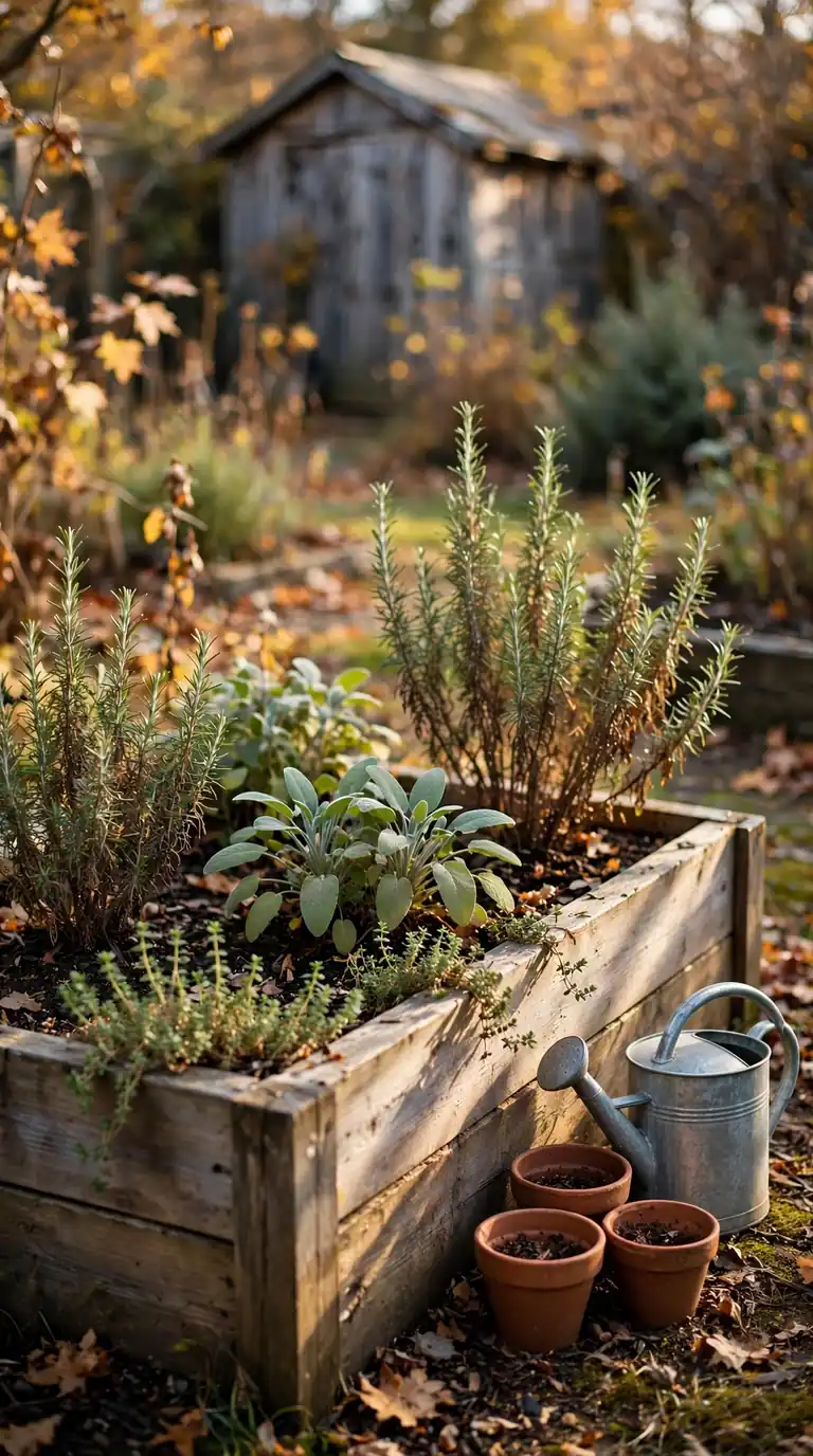 Raised wooden bed planted with rosemary, sage and thyme in autumn sunlight