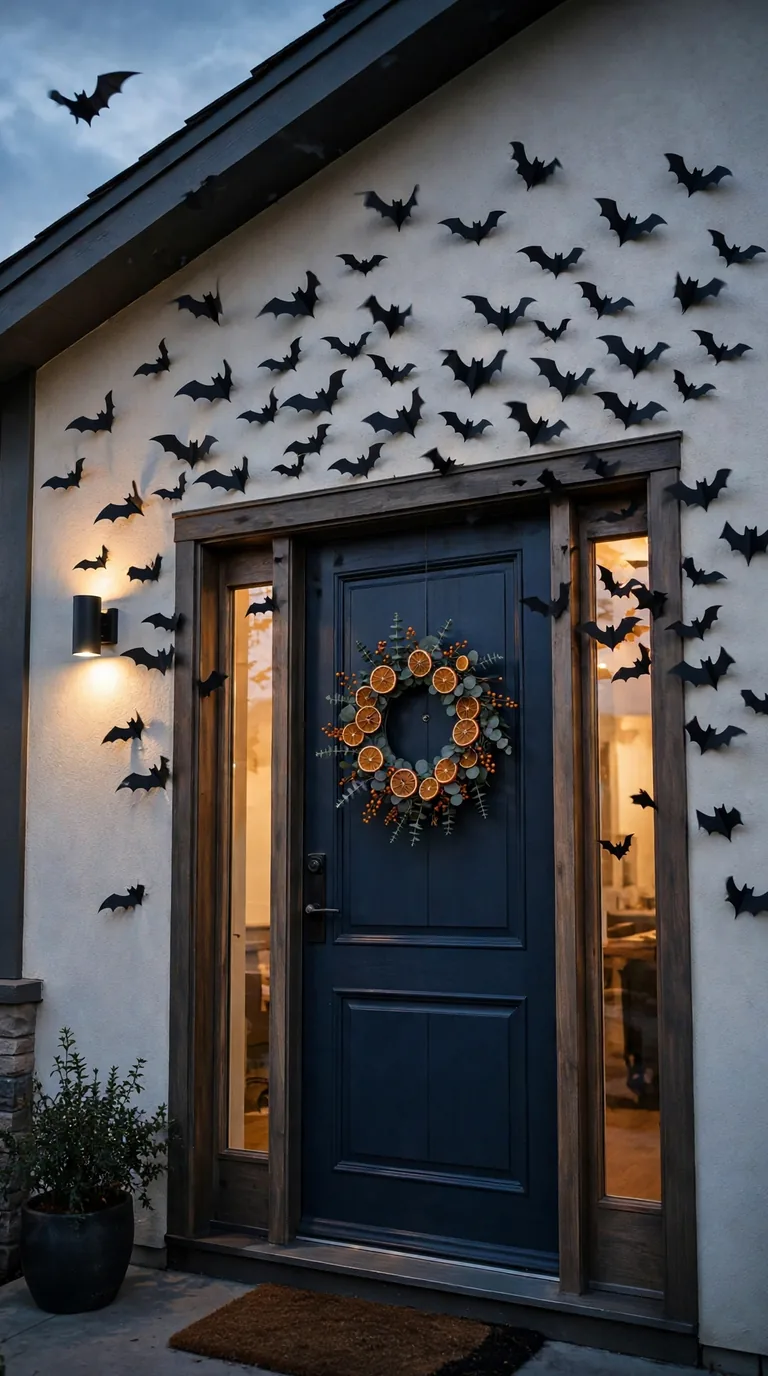 Black paper bats flying across a front door and wall in a swarm pattern