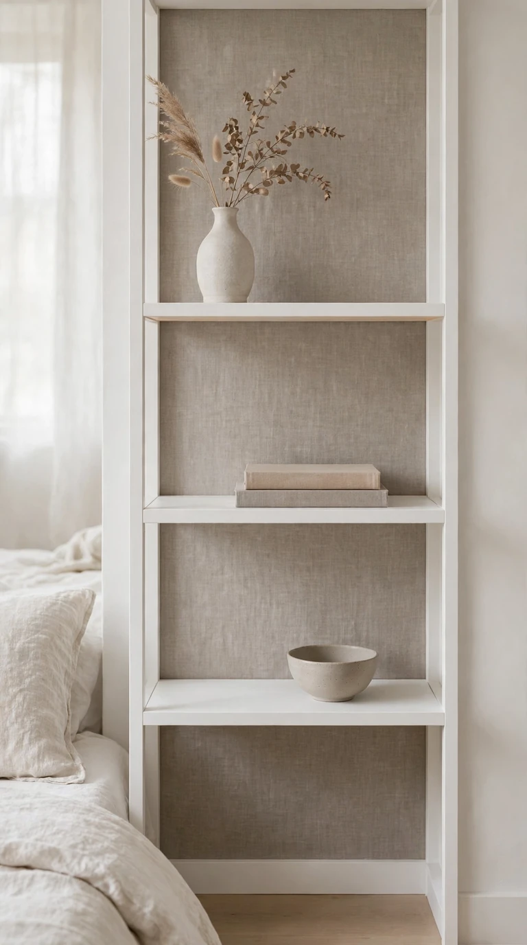 Warm grey linen-textured shelf wallpaper on a minimal white bedroom shelf unit with sparse styling