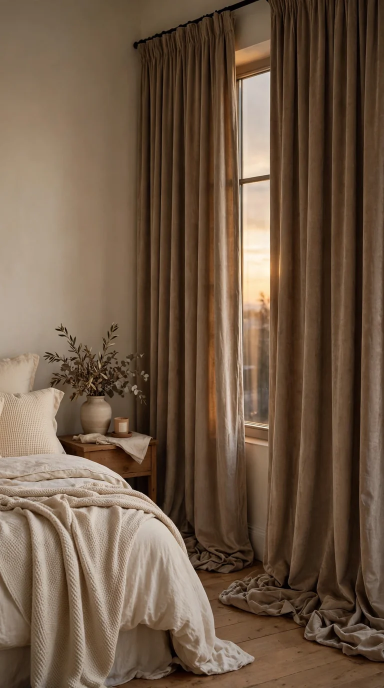 Floor to ceiling velvet curtains in warm taupe in a cozy bedroom