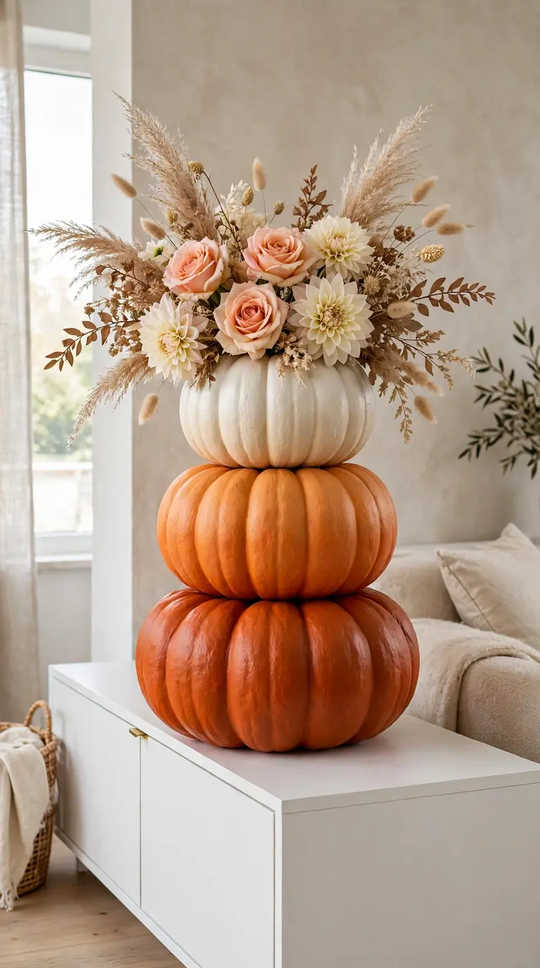Ombre painted pumpkin stack with peach roses and pampas grass