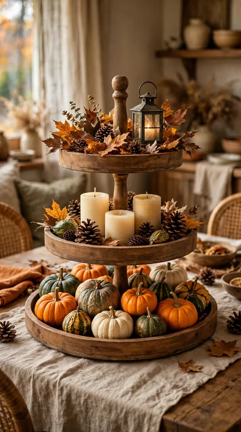 Tiered wooden tray on a dining table filled with pumpkins, candles, and fall foliage