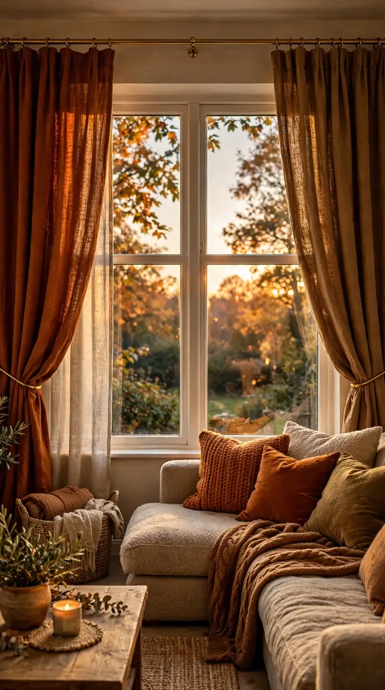 Living room window with warm linen curtains in autumn tones