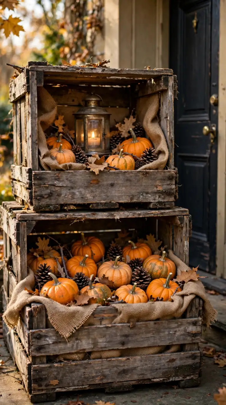 Stacked wooden crates filled with pumpkins and candles on a fall porch