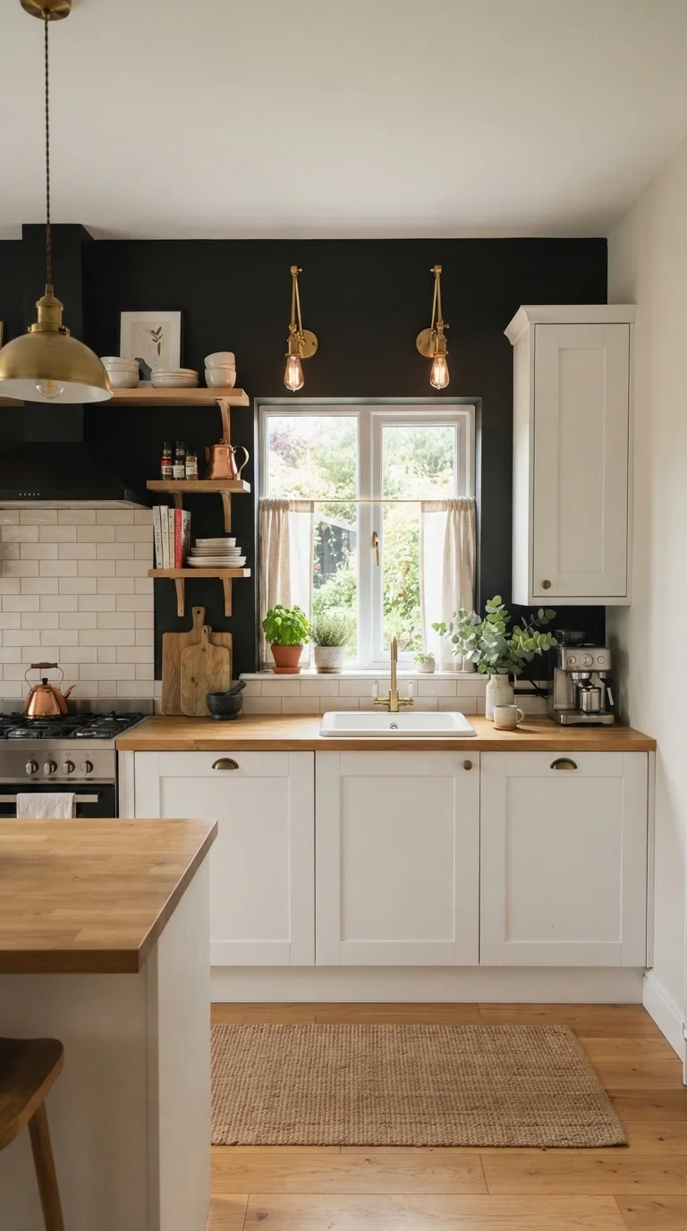8. Moody Black Wall with White Cabinetry