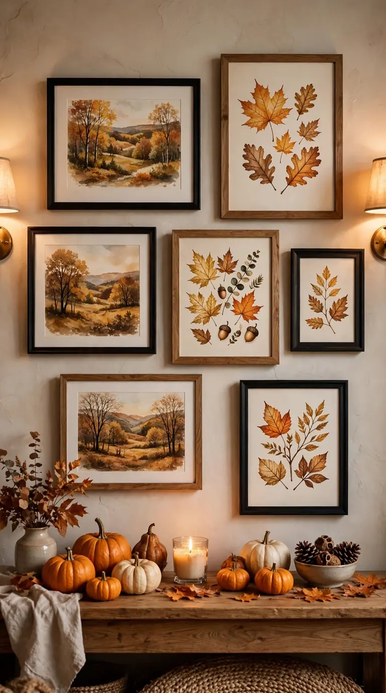 20 Fall Home Decor Ideas for a Warm Autumn Home 2026 Gallery wall of autumn art prints above a console table