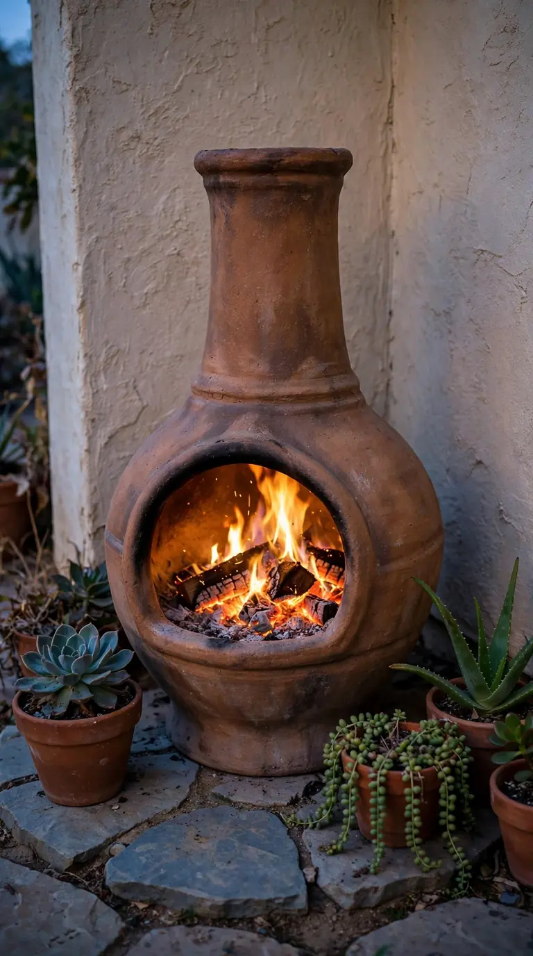 Traditional clay chiminea fireplace glowing in a cozy Mexican backyard patio corner