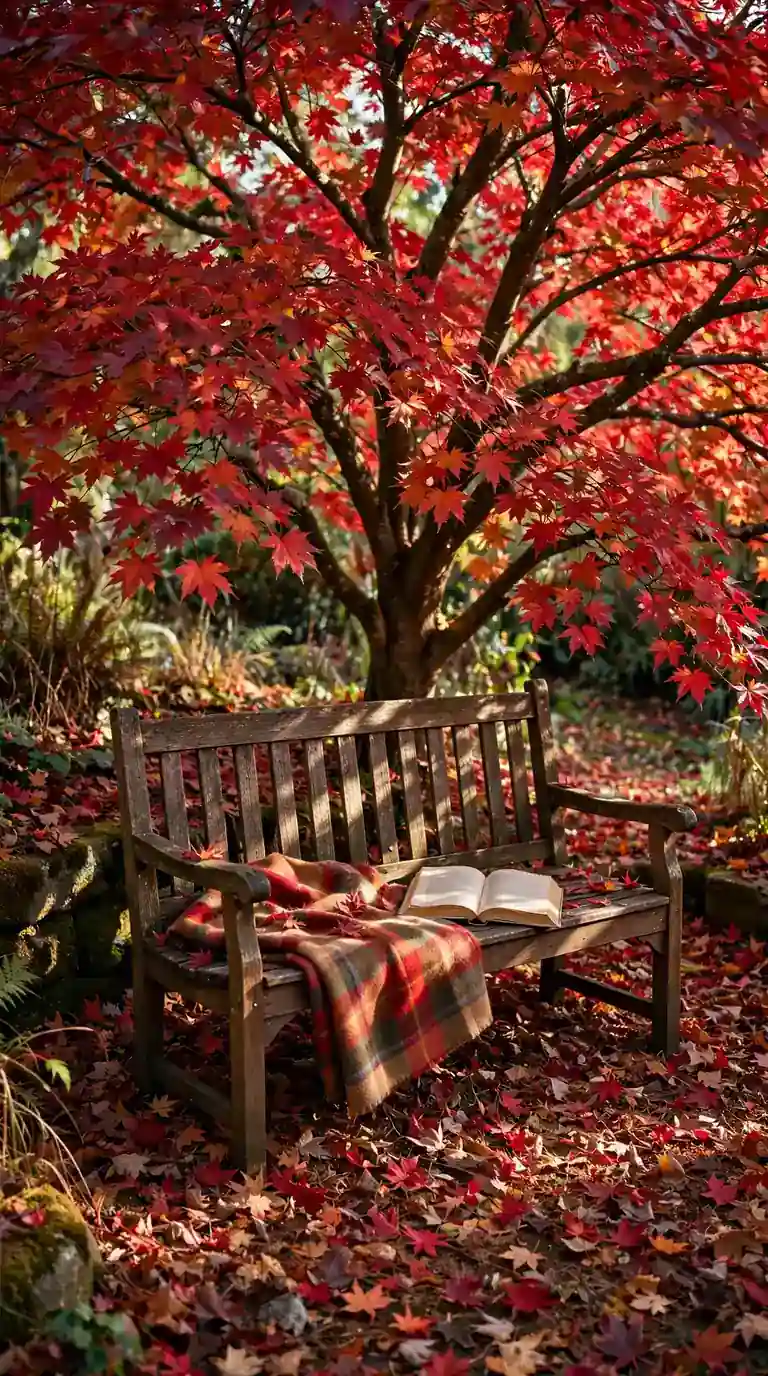 Wooden garden bench under a red maple tree carpeted with fallen red leaves