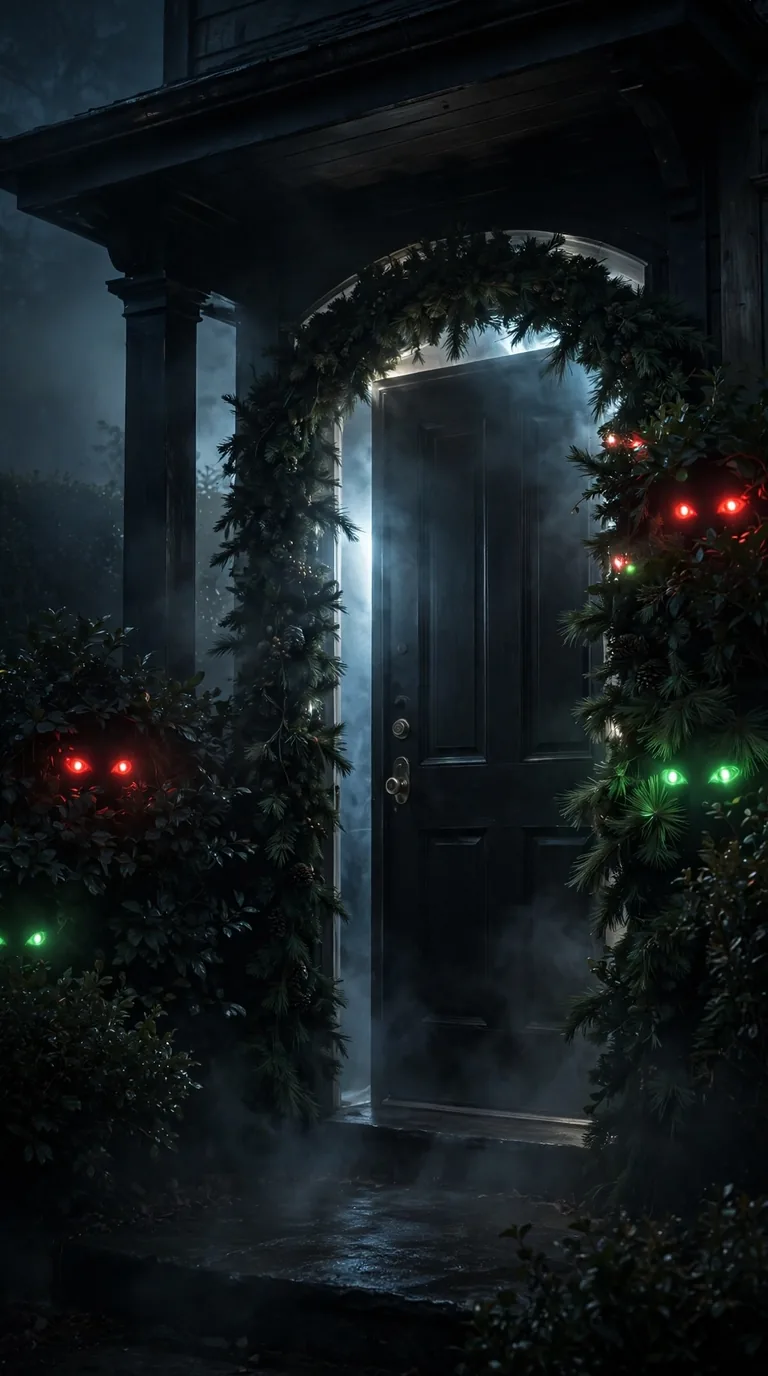 Glowing red and green LED eyes peering from dark bushes around a front door at night