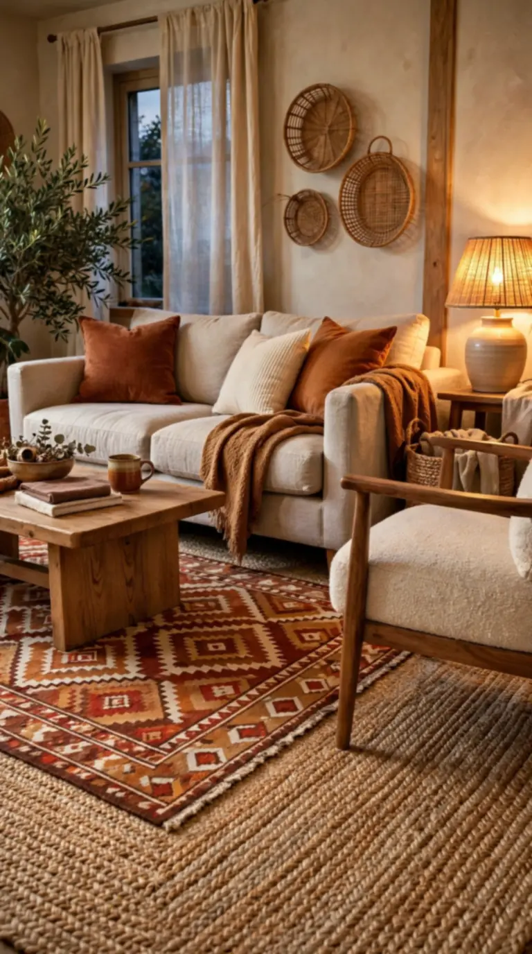 Living room with layered rugs in rust, cream and caramel tones