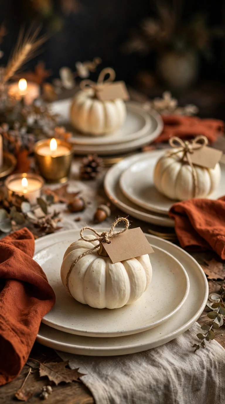 Mini pumpkins with handwritten name cards at each fall place setting