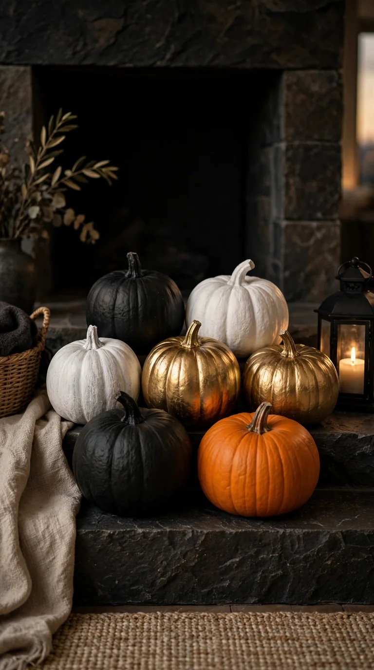 Matte black, white and gold painted pumpkins clustered on a fireplace hearth